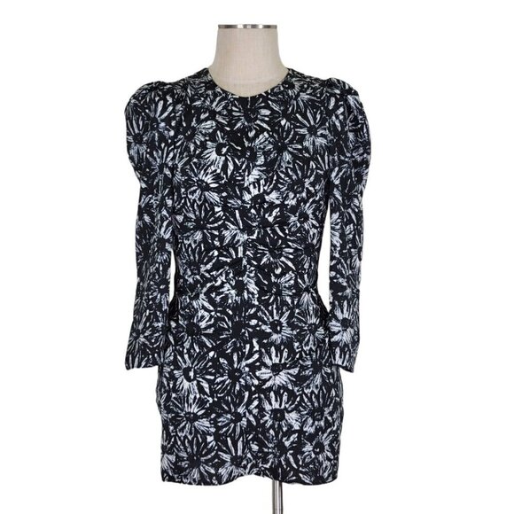 TopShop Ruched Mini Dress Sz 2 Black White Back Zip 3/4 Sleeve Monochrome DaisyX - Picture 1 of 12